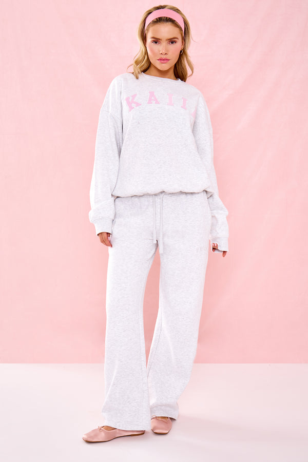 Kaiia Slogan Oversized Sweatshirt Grey Marl & Pink