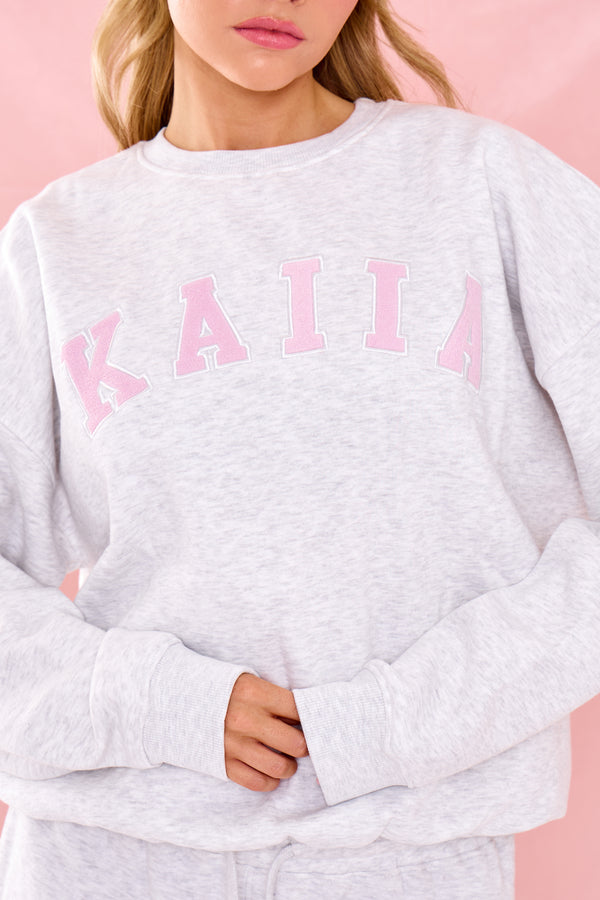 Kaiia Slogan Oversized Sweatshirt Grey Marl & Pink