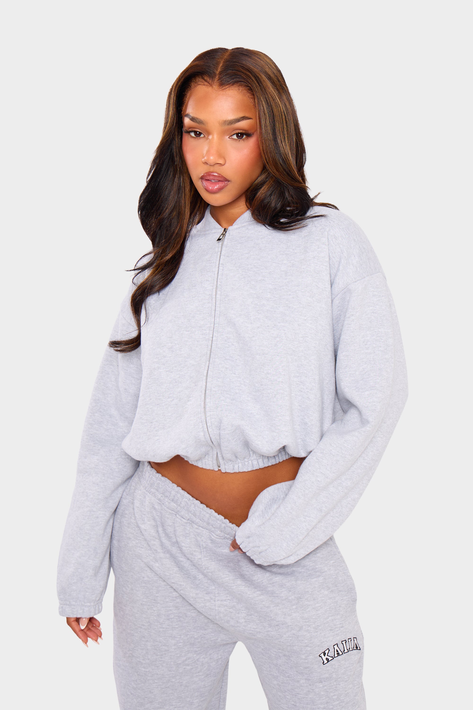 新品未使用　main story Bubble Sweatshirt Kaiia Zip Through Bomber Style Sweatshirt Light Grey Marl | Kaiia