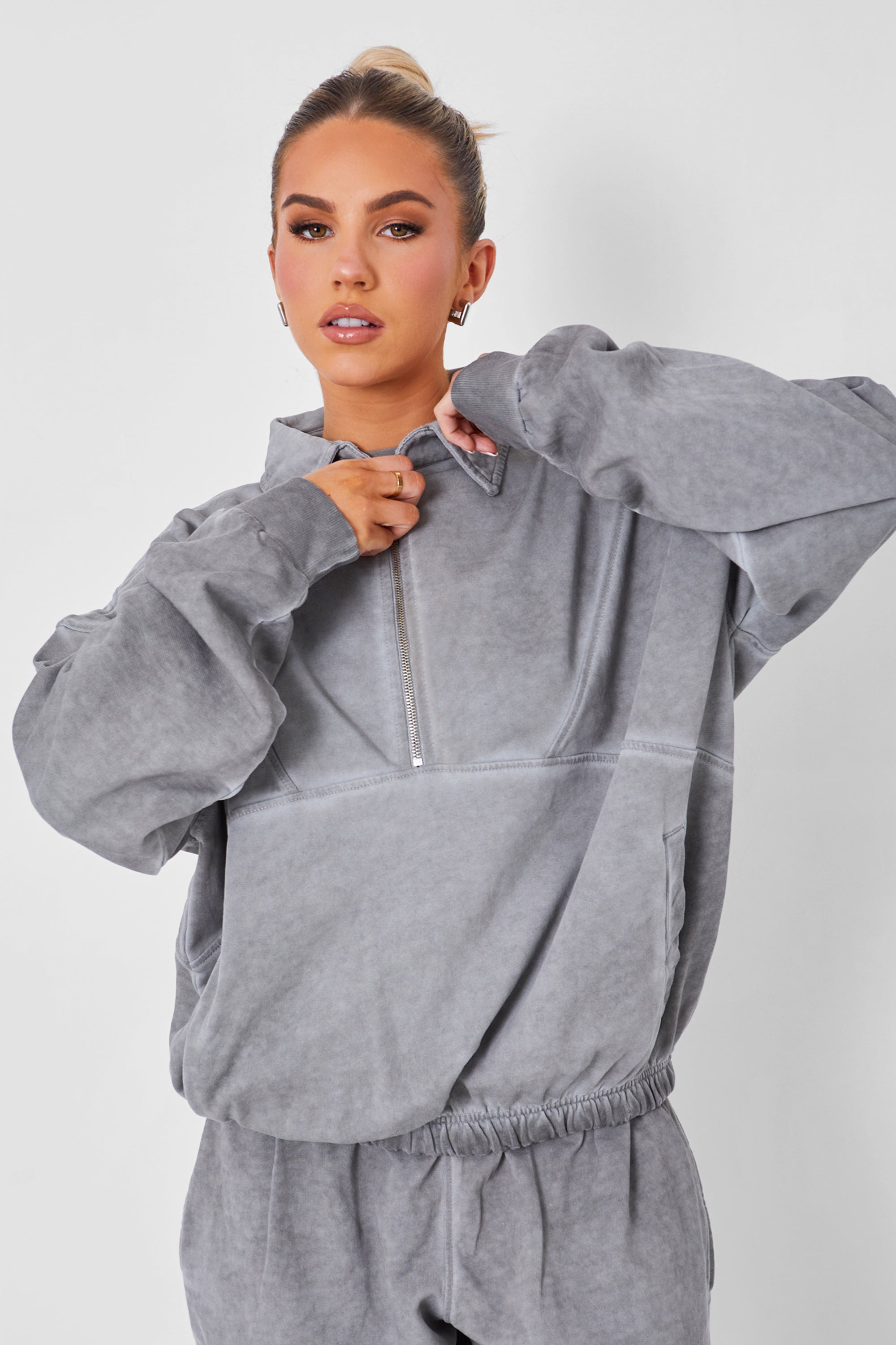 Half Zip Oversized Sweatshirt Co-ord Washed Grey