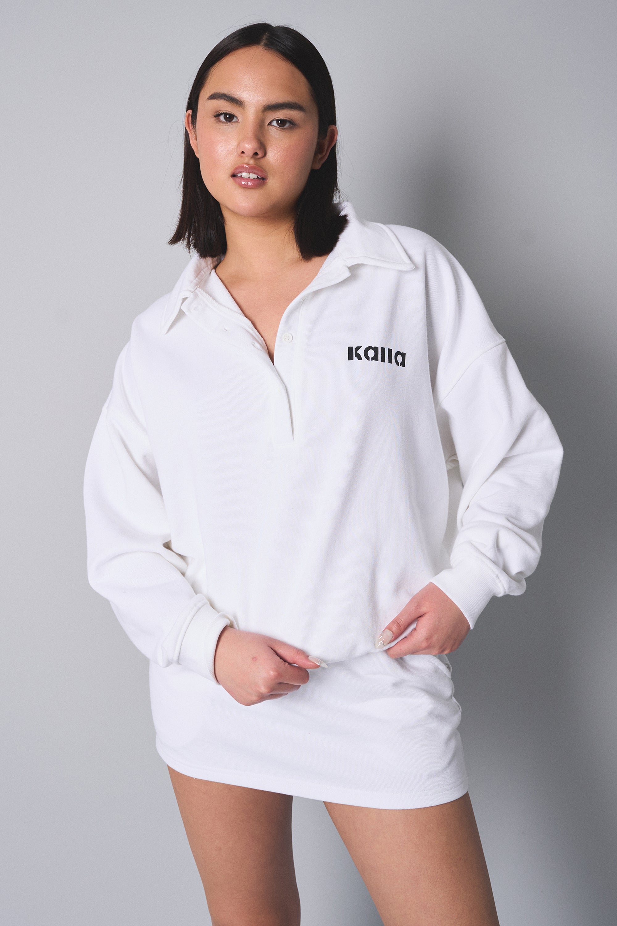 Kaiia Rugby style Button Up Sweatshirt White