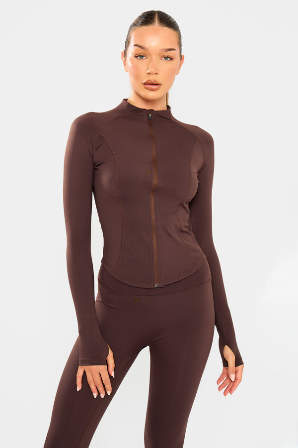 Kaiia Sculpt Long Sleeve Zip Through Fitted Jacket Bitter Chocolate