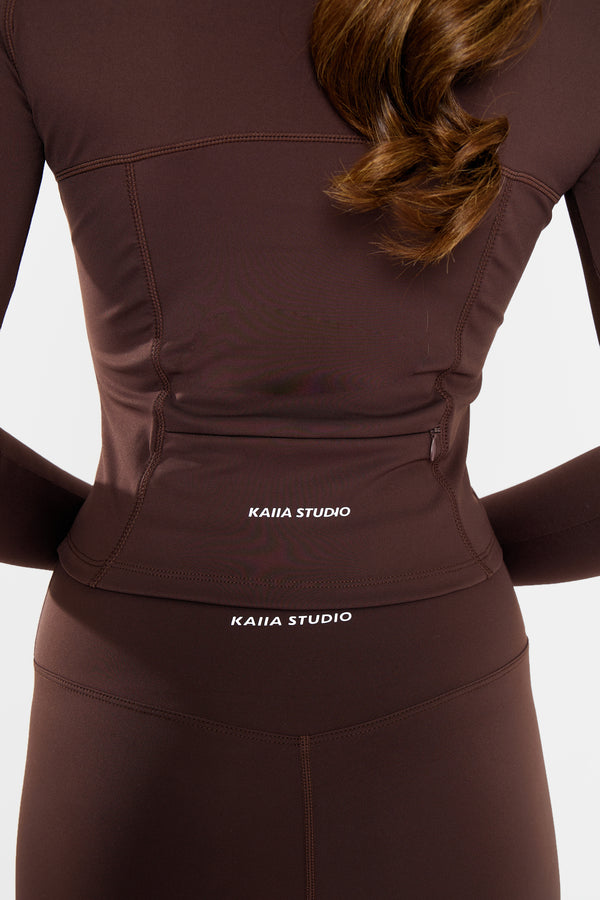 Kaiia Sculpt Long Sleeve Zip Through Fitted Jacket Bitter Chocolate