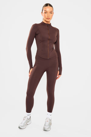 Kaiia Sculpt Long Sleeve Zip Through Fitted Jacket Bitter Chocolate