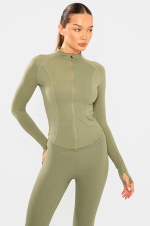 Kaiia Sculpt Long Sleeve Zip Through Fitted Jacket Khaki