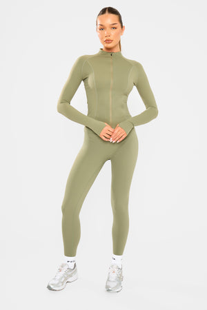 Kaiia Sculpt Long Sleeve Zip Through Fitted Jacket Khaki