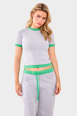 Kaiia Ribbed Double Layered Baby Tee Grey Marl & Green