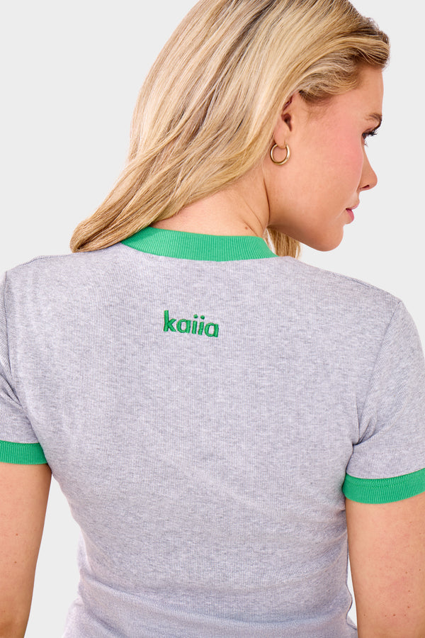 Kaiia Ribbed Double Layered Baby Tee Grey Marl & Green