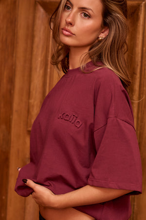 Kaiia Embossed Logo Oversized T-shirt Dark Cherry