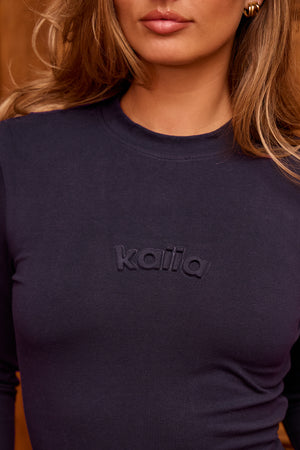 Kaiia Embossed Logo Long Sleeve Baby Tee Navy