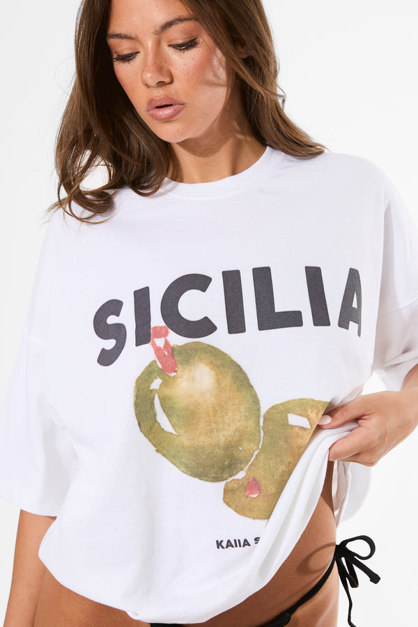 Kaiia Sicilia Olives Graphic Oversized T-Shirt White