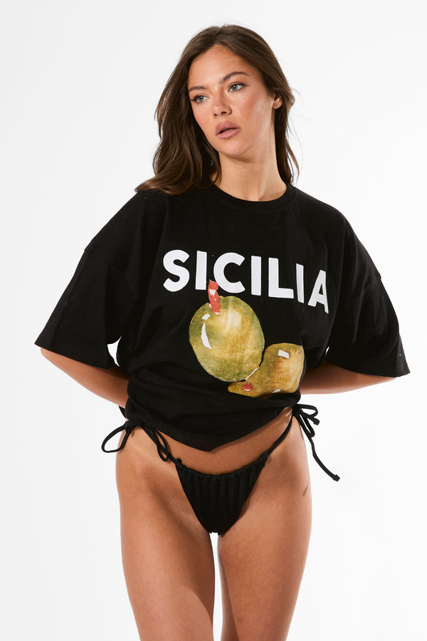 Kaiia Sicilia Olives Graphic Oversized T-Shirt Black