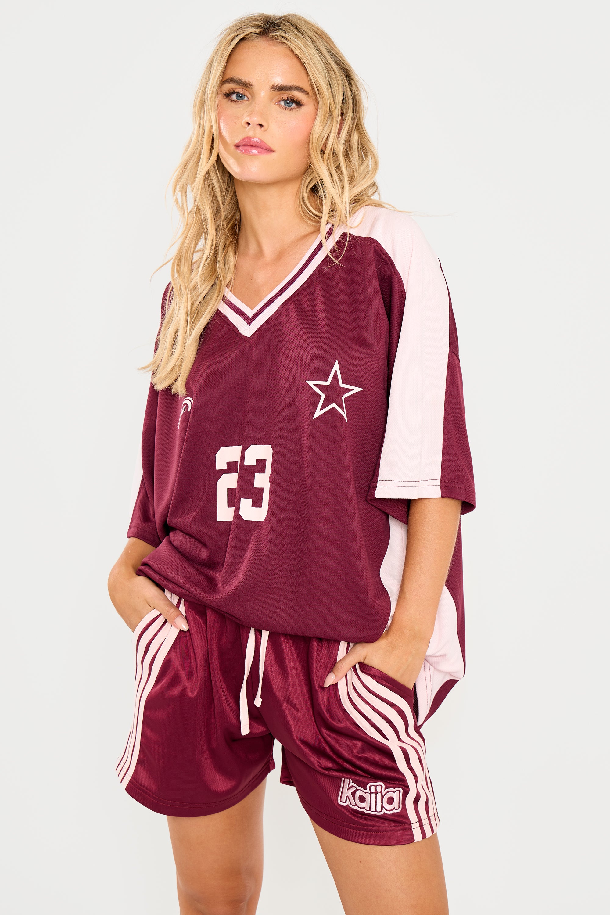 Kaiia Oversized Football Shirt Burgundy & Pink