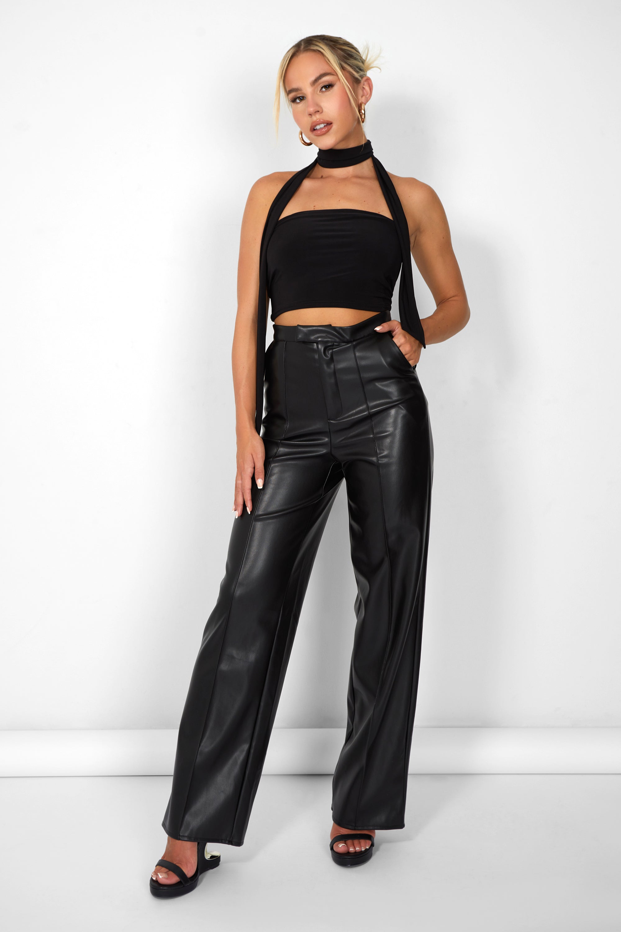 Kaiia Leather Look Wide Leg Trousers in Black Public Desire