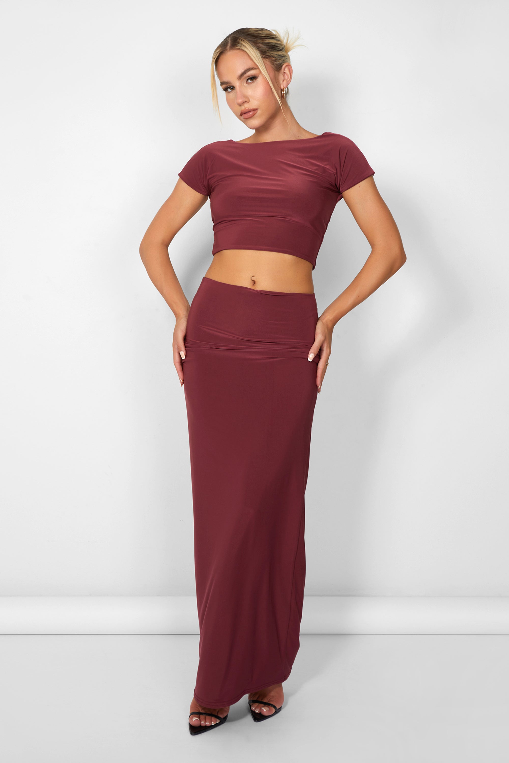 Kaiia Slinky Column Maxi Skirt Co-ord in Burgundy