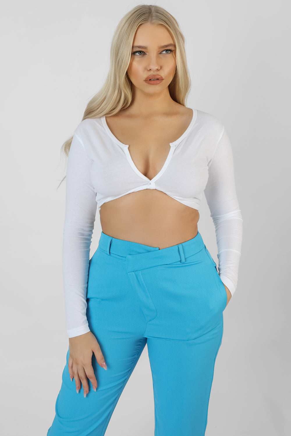 WRAP WAISTBAND STRAIGHT LEG TROUSER BLUE