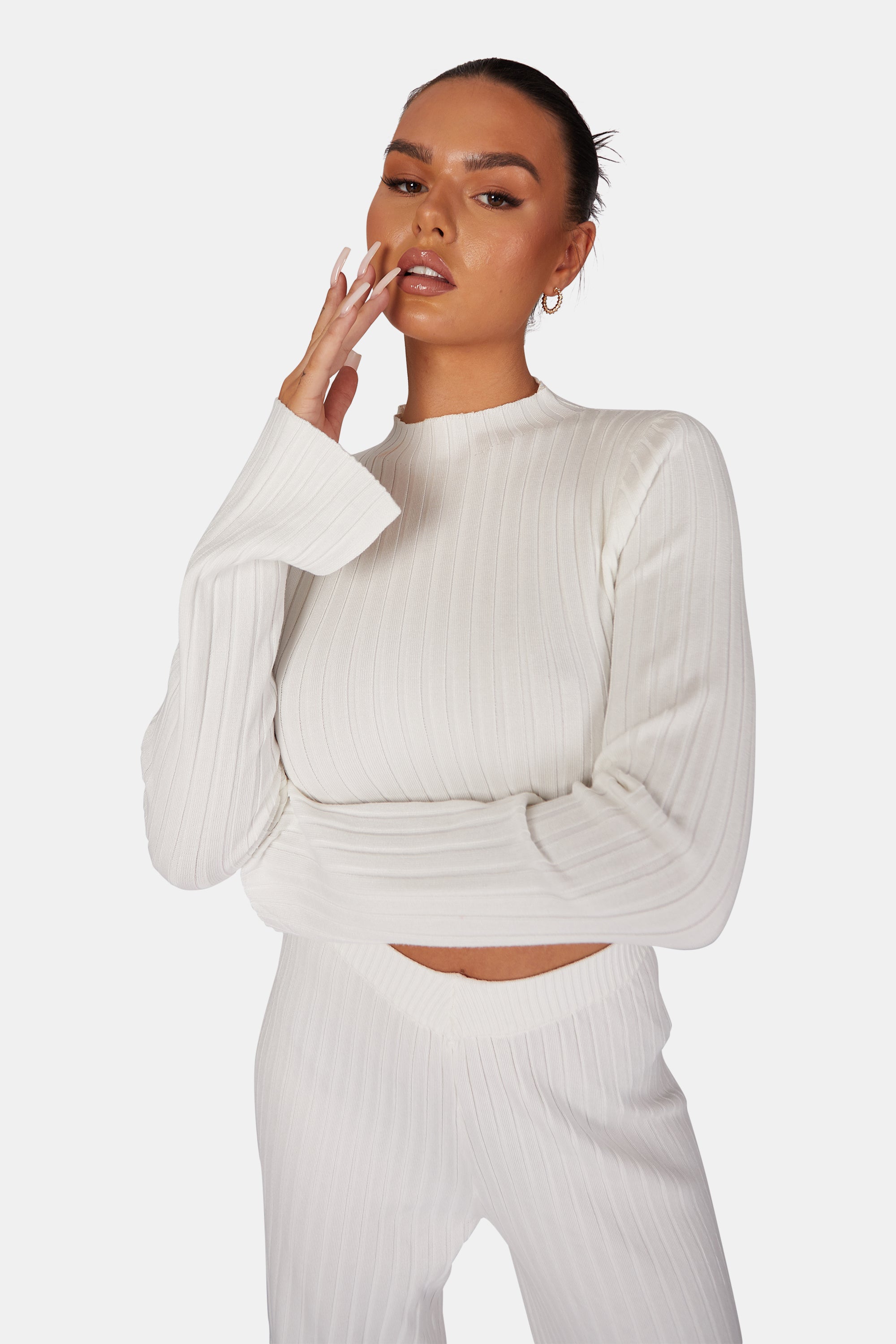 LONG SLEEVE HIGH NECK RIBBED KNITTED CROP TOP WHITE