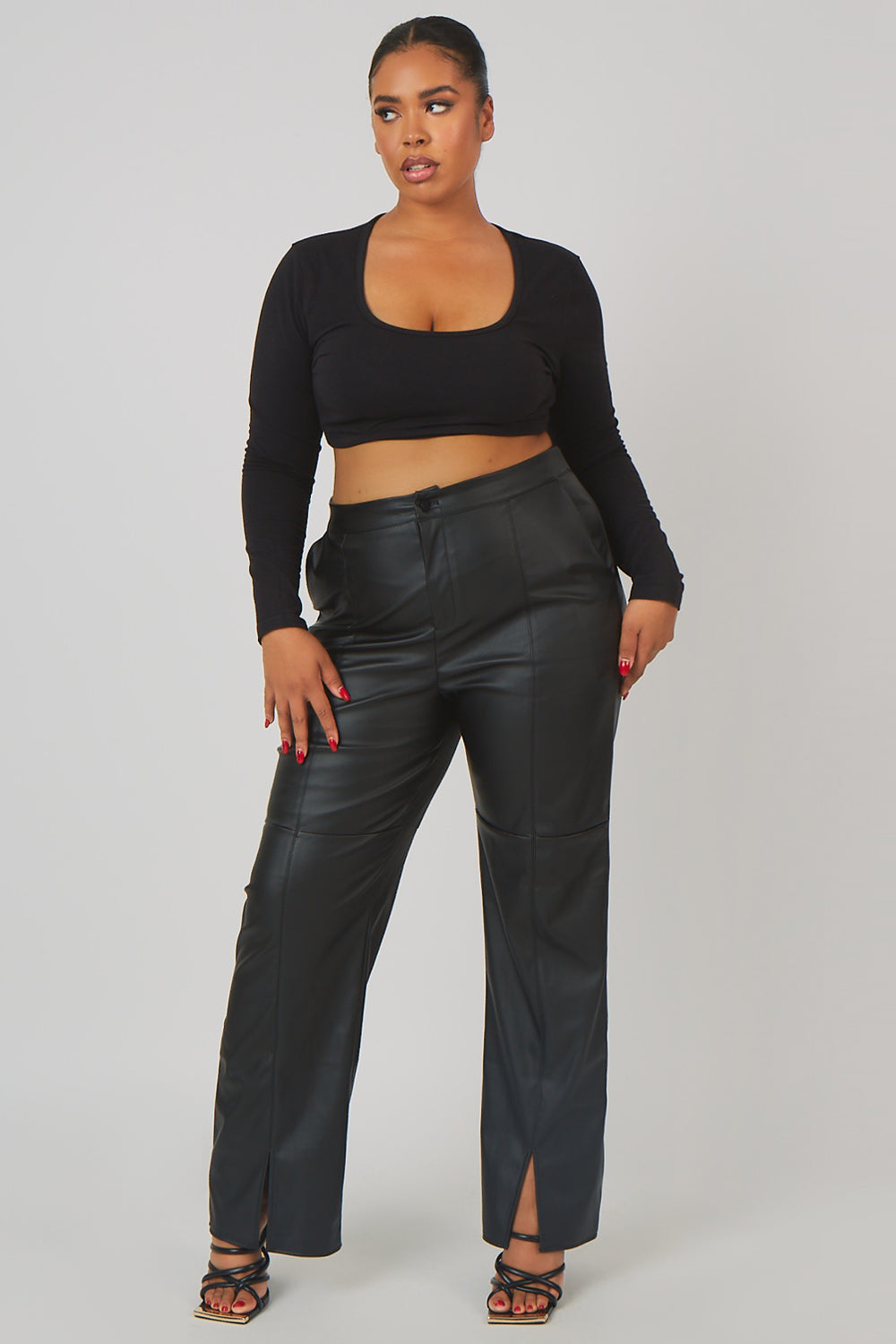 CURVE PU SEAM FRONT SPLIT DETAIL TROUSERS BLACK