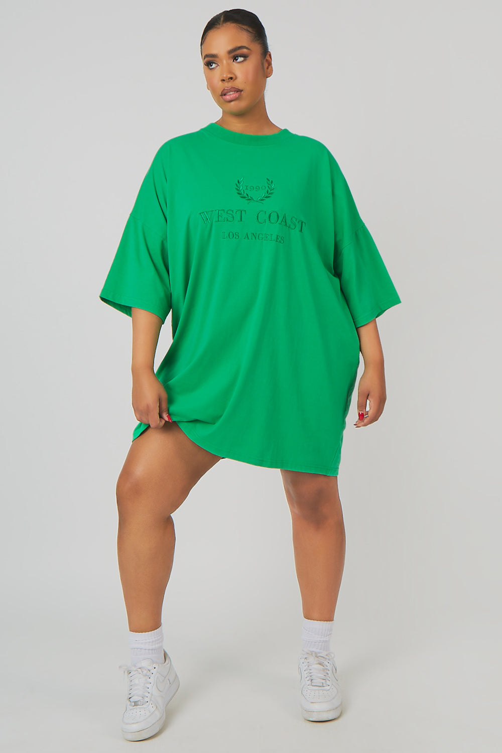 CURVE TONAL EMBROIDERED OVERSIZED T-SHIRT DRESS GREEN