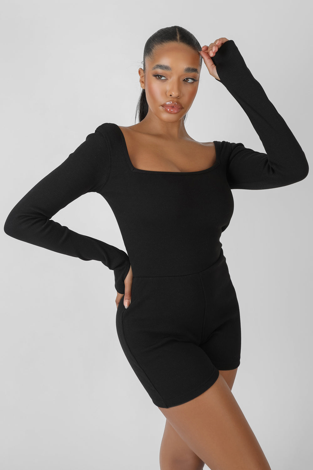 LONG SLEEVED RIBBED SHORT UNITARD BLACK