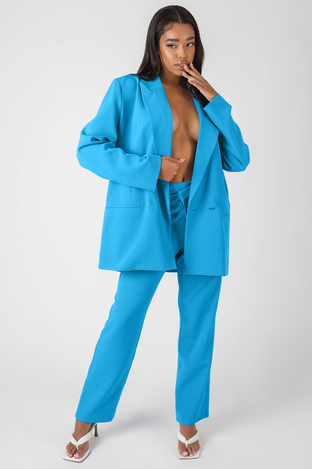 WRAP WAISTBAND STRAIGHT LEG TROUSER BLUE