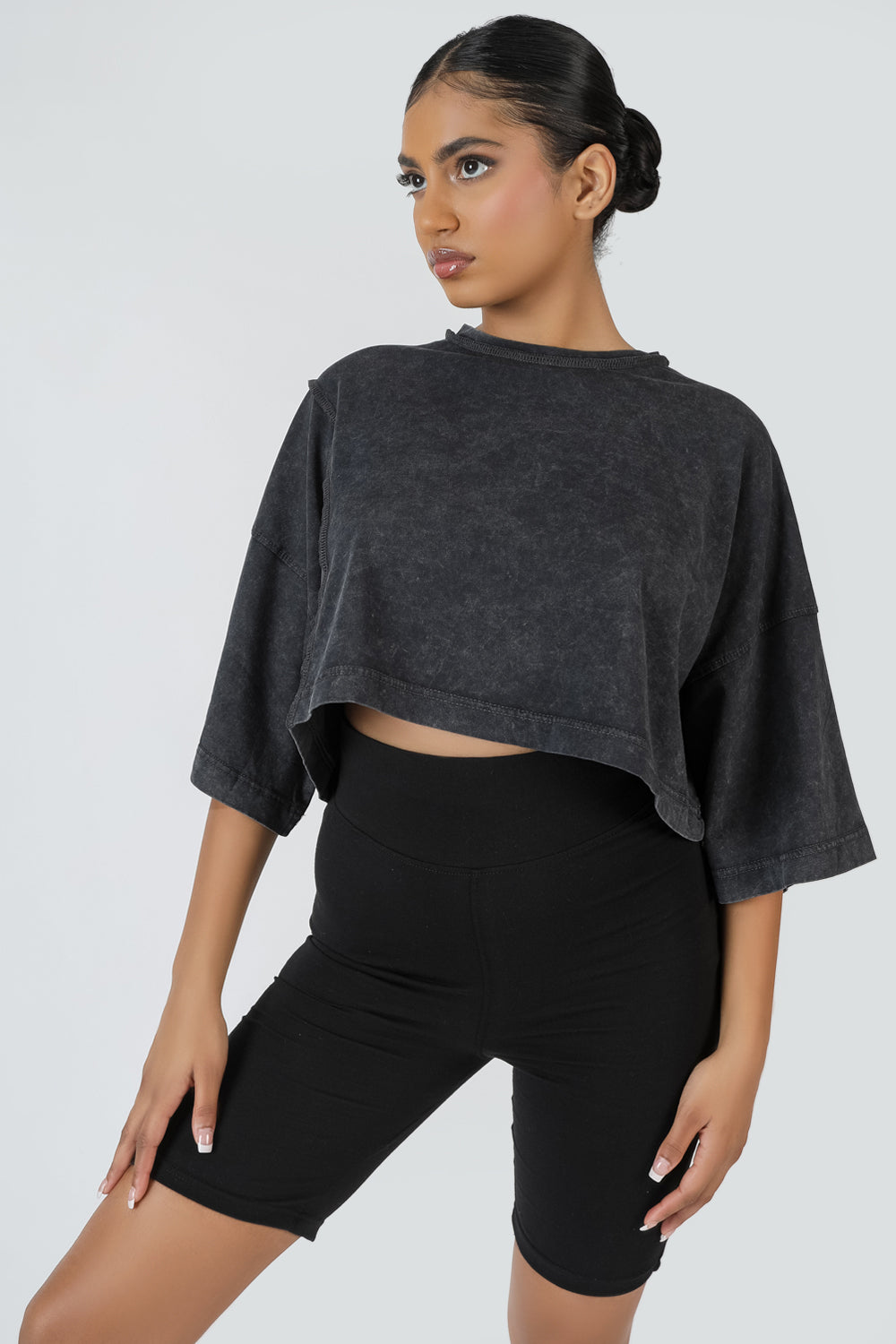 EXPOSED SEAM OVERSIZED CROP T SHIRT ACID WASH