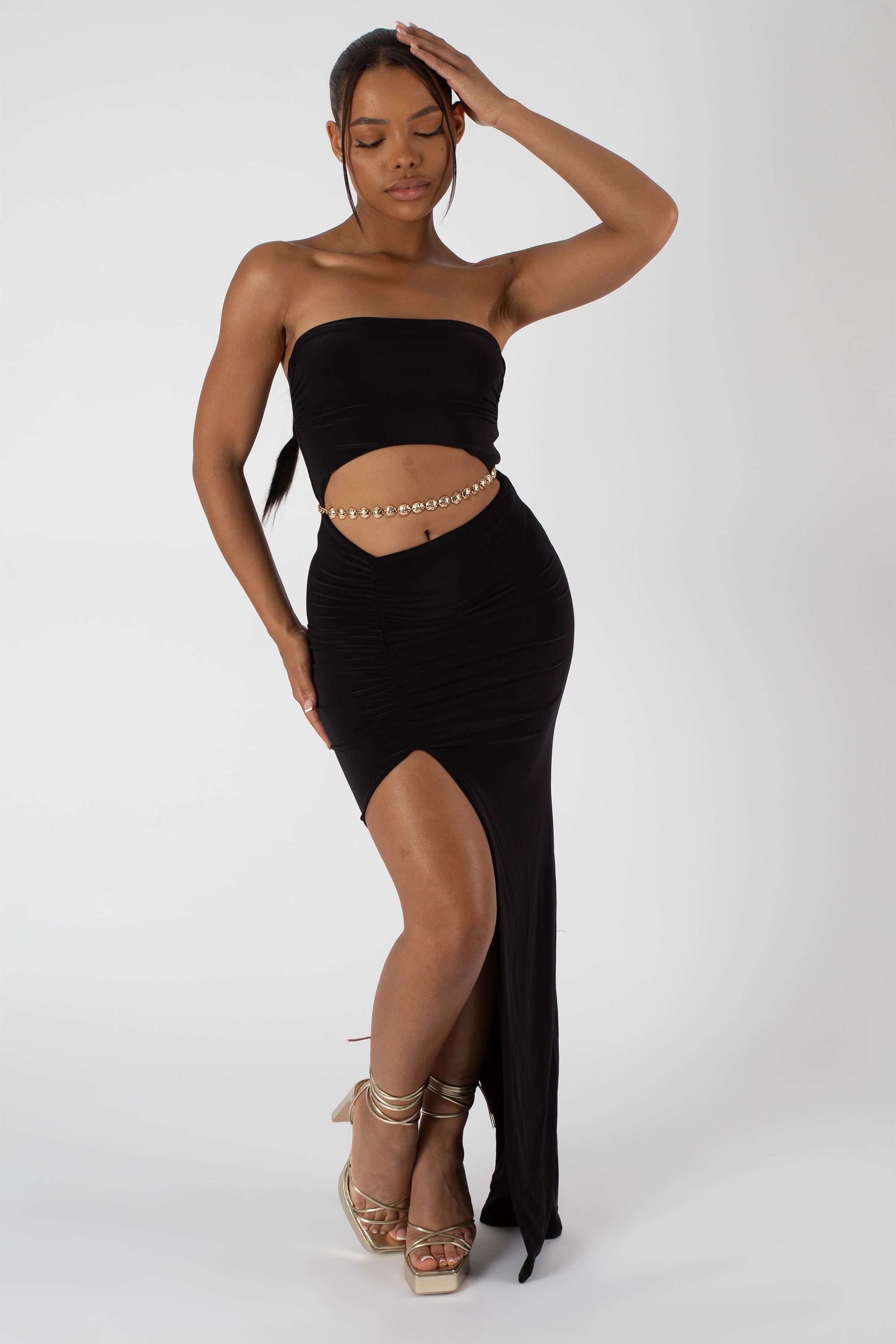 SPLIT SIDE BANDEAU SLINKY MAXI DRESS BLACK