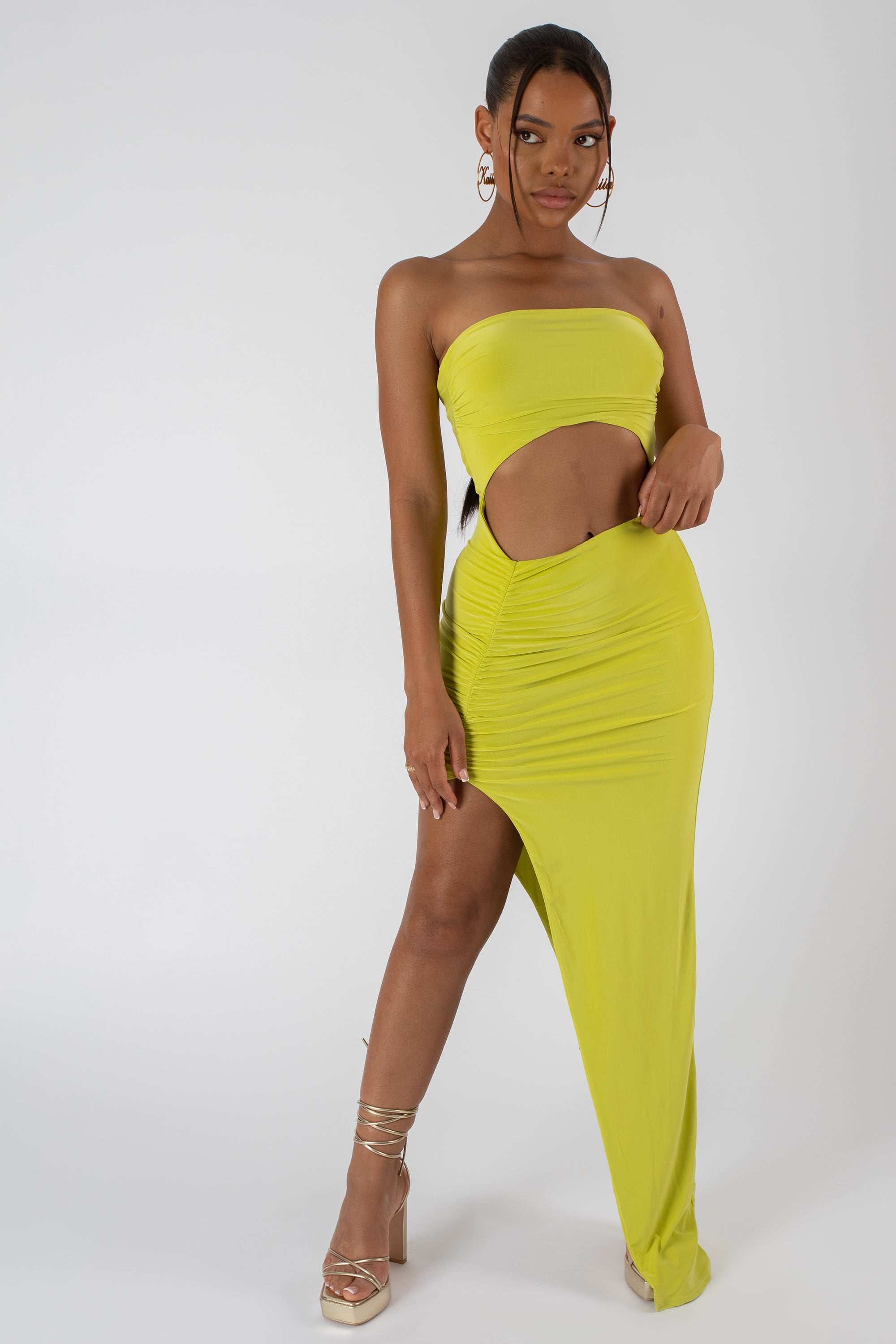 SPLIT SIDE BANDEAU SLINKY MAXI DRESS LIME – Kaiia