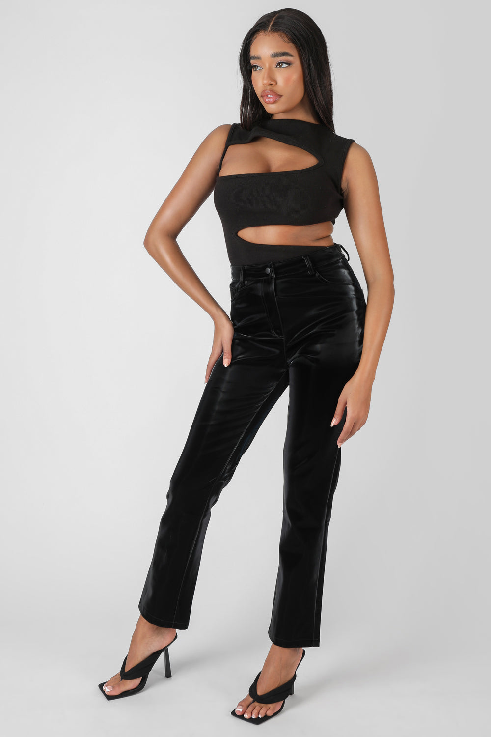 HIGH SHINE VINYL STRAIGHT LEG TROUSERS BLACK