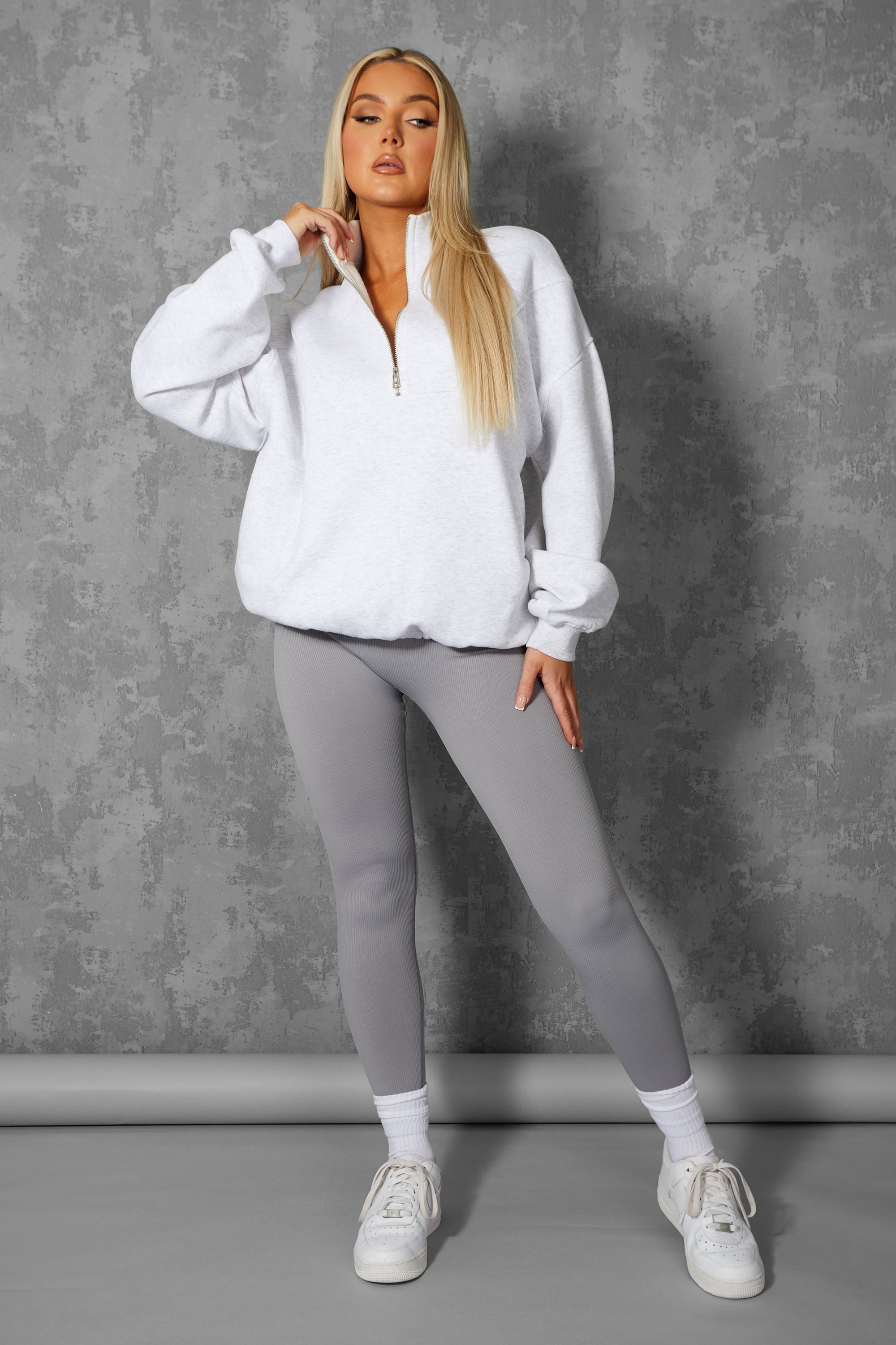 OVERSIZED HALF ZIP PULLOVER POCKET FRONT SWEATSHIRT OATMEAL MARL