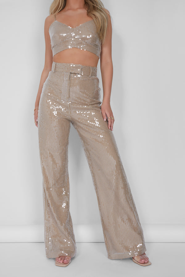 Wide Leg Sequin Trousers Nude