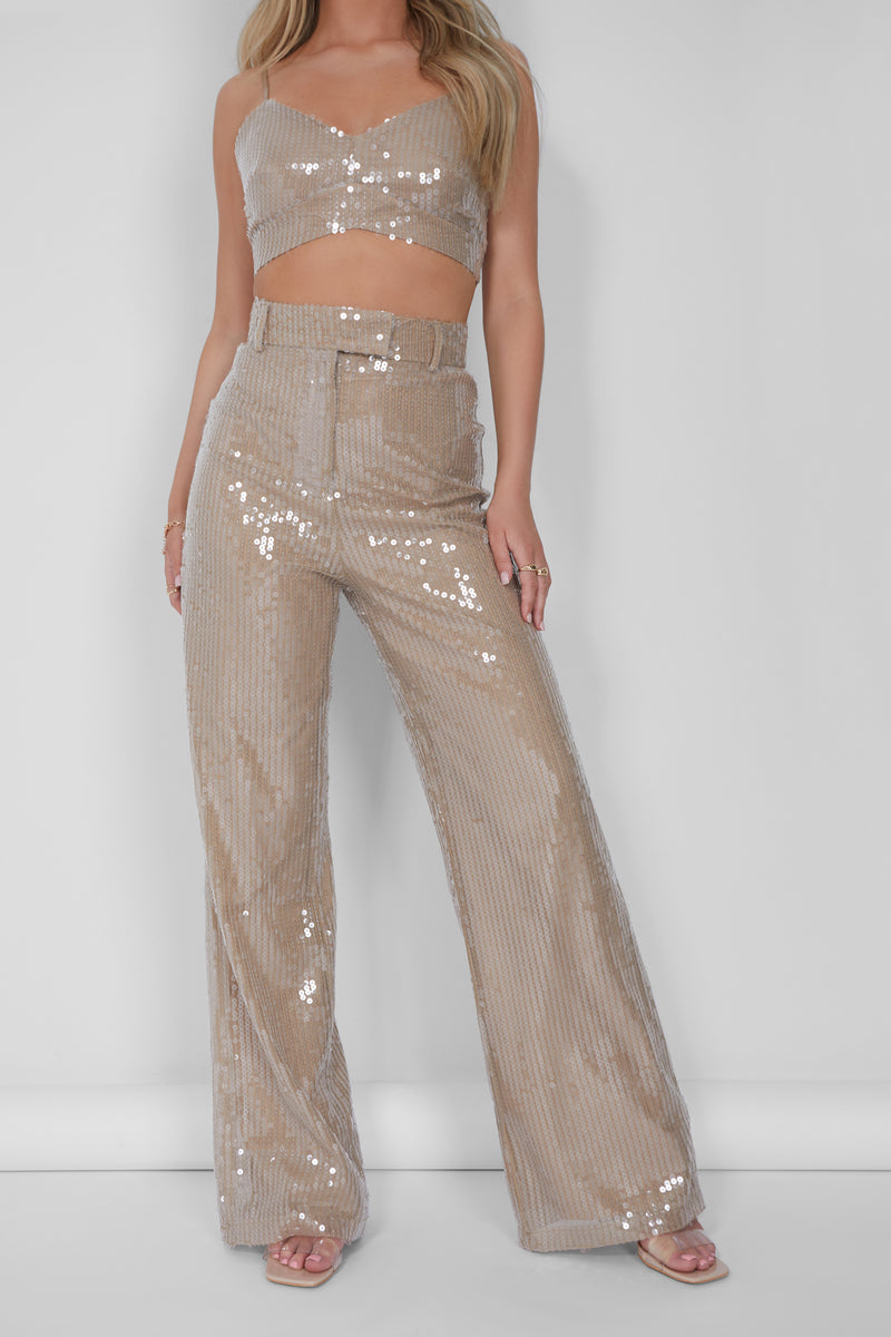 Wide Leg Sequin Trousers Nude
