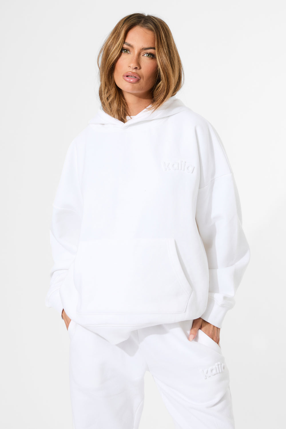 Kaiia Embossed Logo Oversized Hoodie White