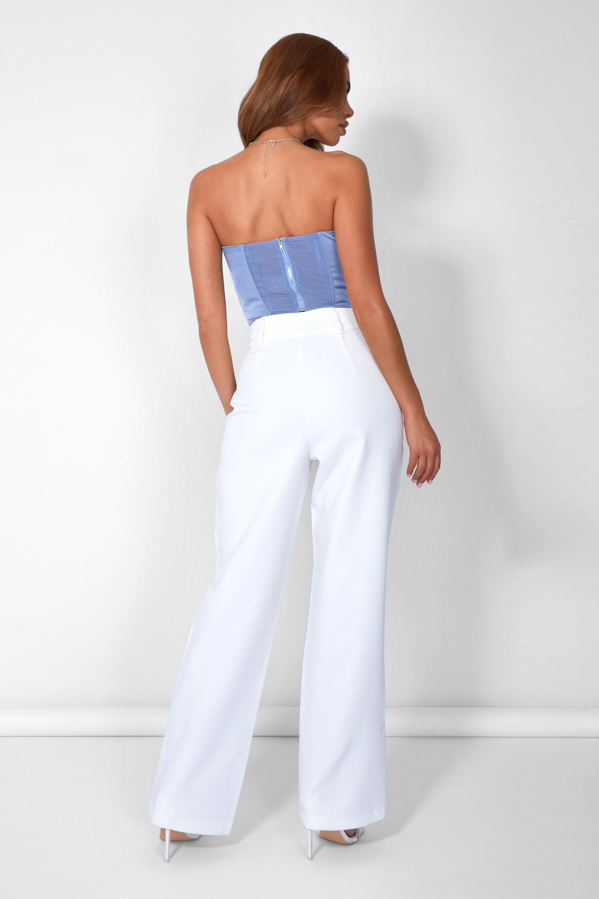 Satin Structured Strapless Corset Top Blue