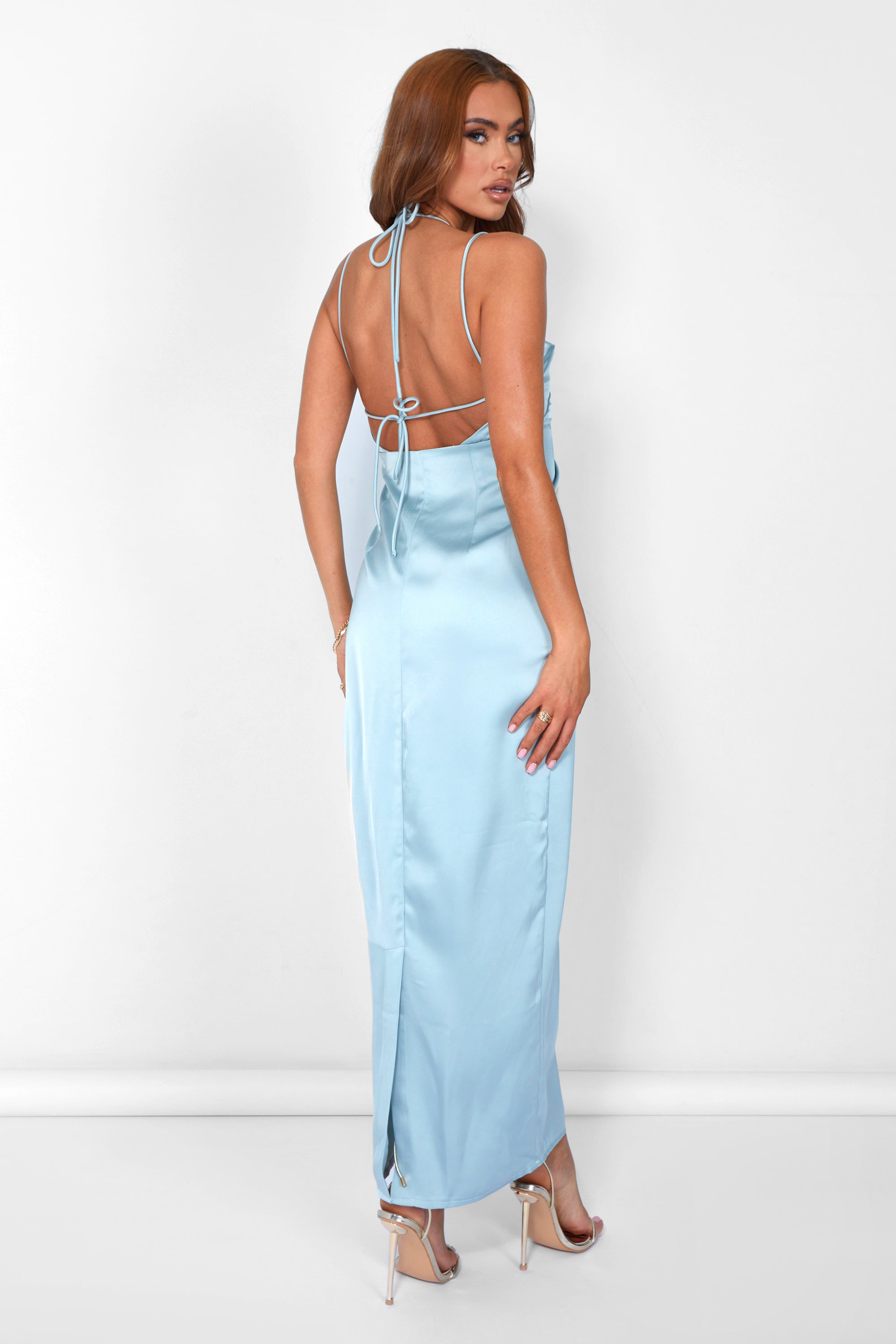 Satin Cut Out Strappy Maxi Dress Blue
