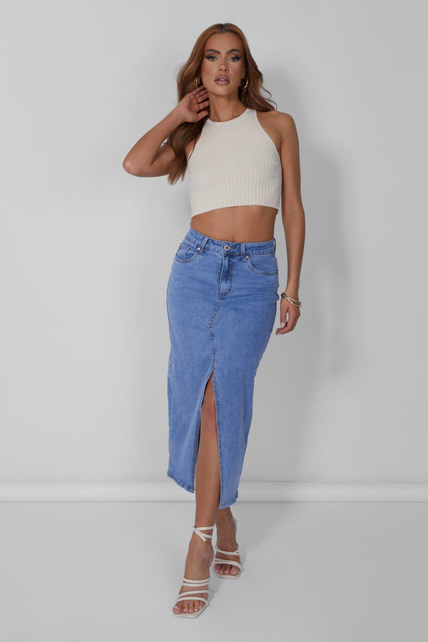 Knitted Ribbed Racer Top Beige