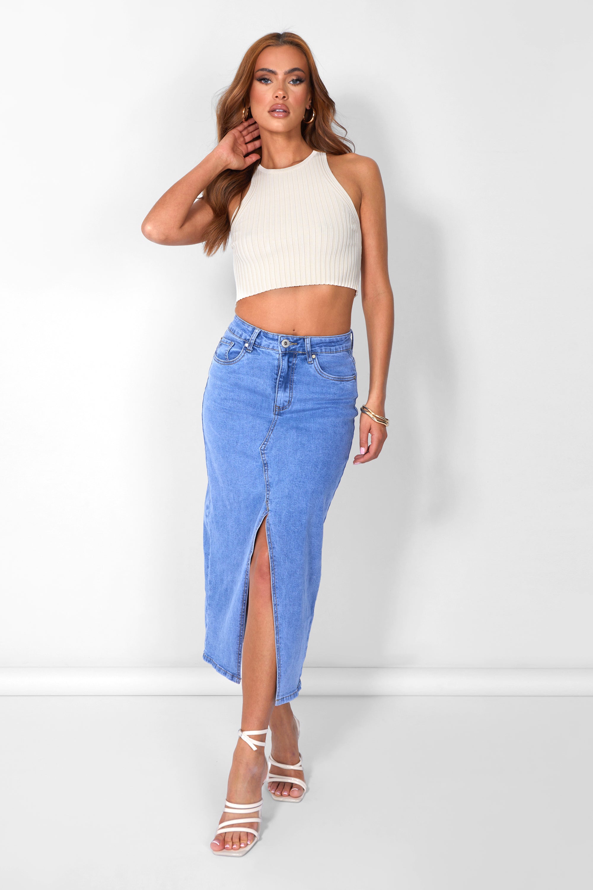 Knitted Ribbed Racer Top White