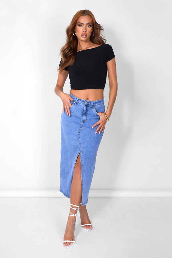 Split Front Longline Denim Skirt Blue Wash