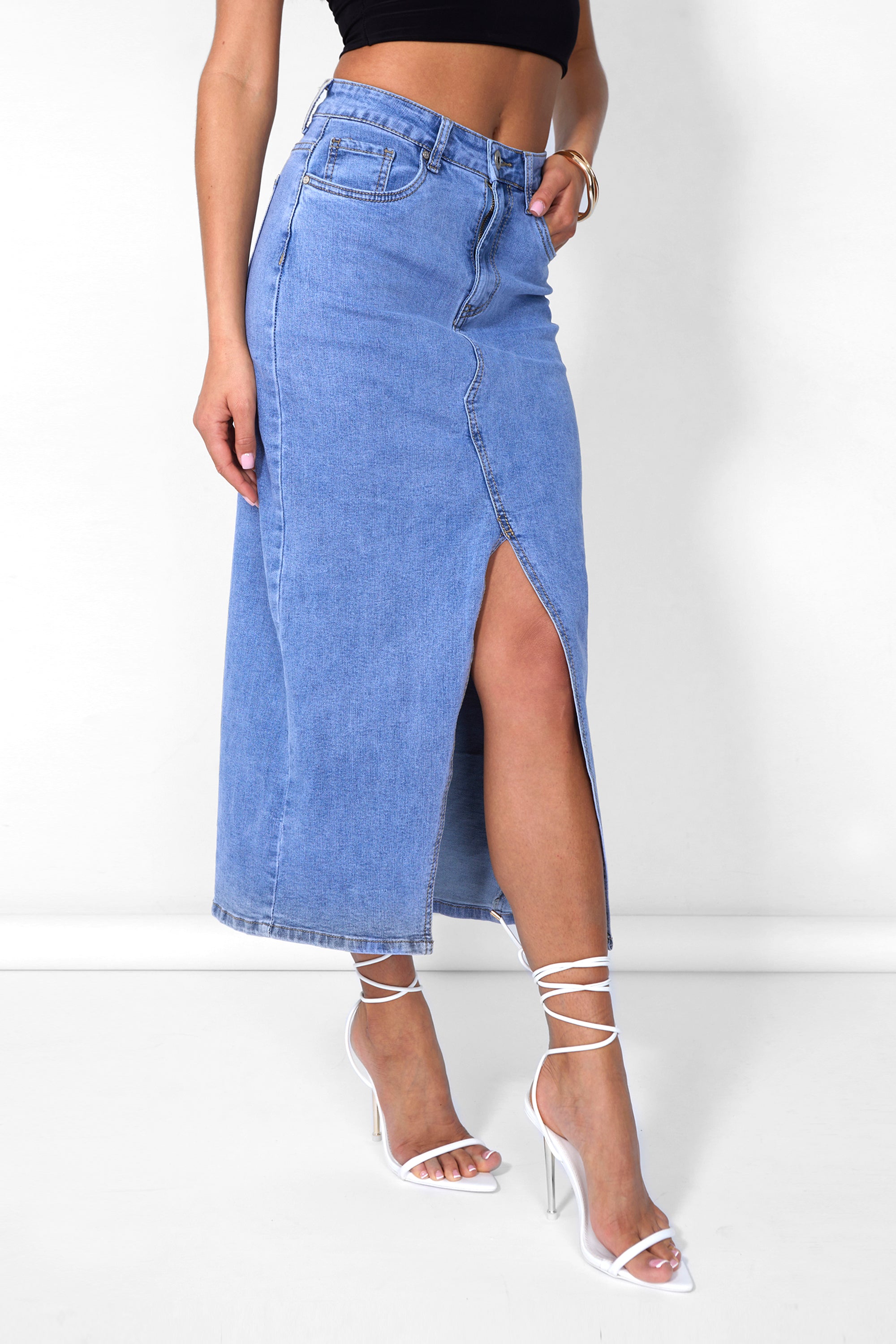 Split Front Longline Denim Skirt Blue Wash