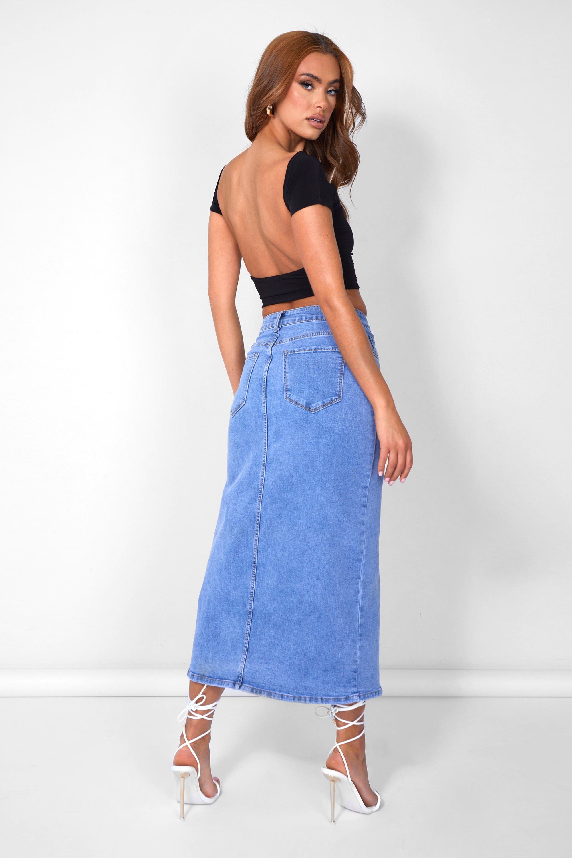 Split Front Longline Denim Skirt Blue Wash
