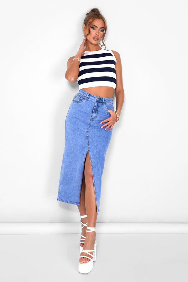 Stripe Knitted Crop Racer Top Ecru
