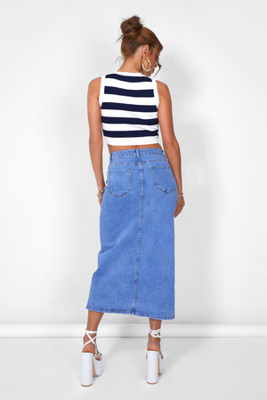 Stripe Knitted Crop Racer Top Ecru