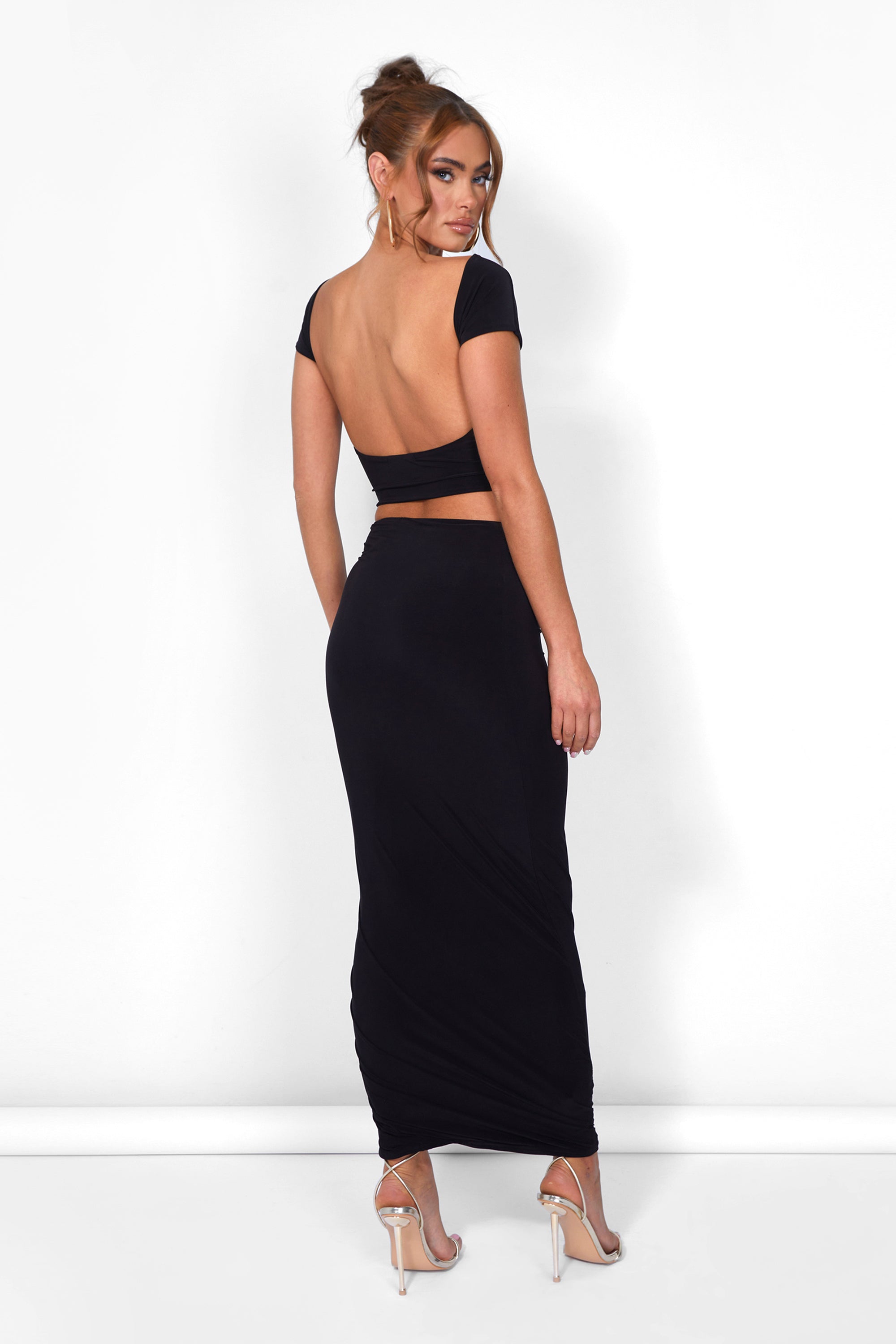 Kaiia Off Shoulder Slinky Cropped Top Co-ord in Black