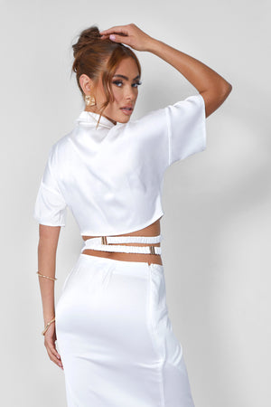 Strappy Cropped Satin Shirt Cream