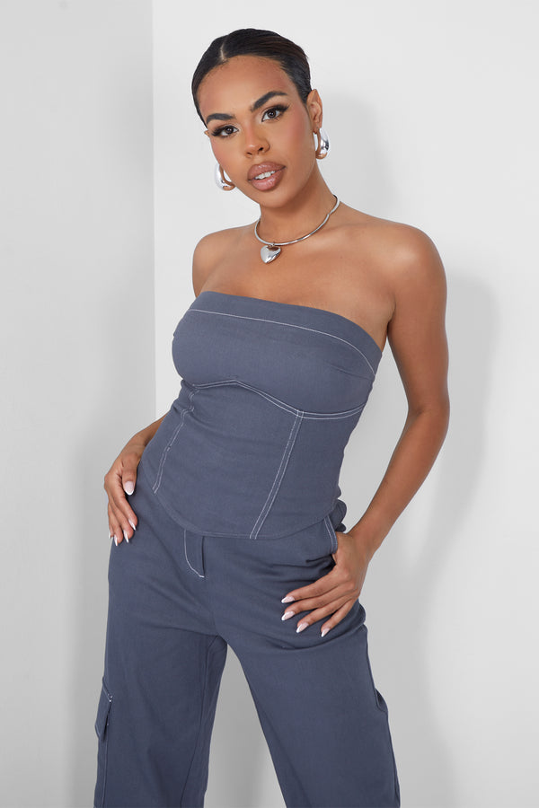 Denim Contrast Stitch Bandeau Top Grey