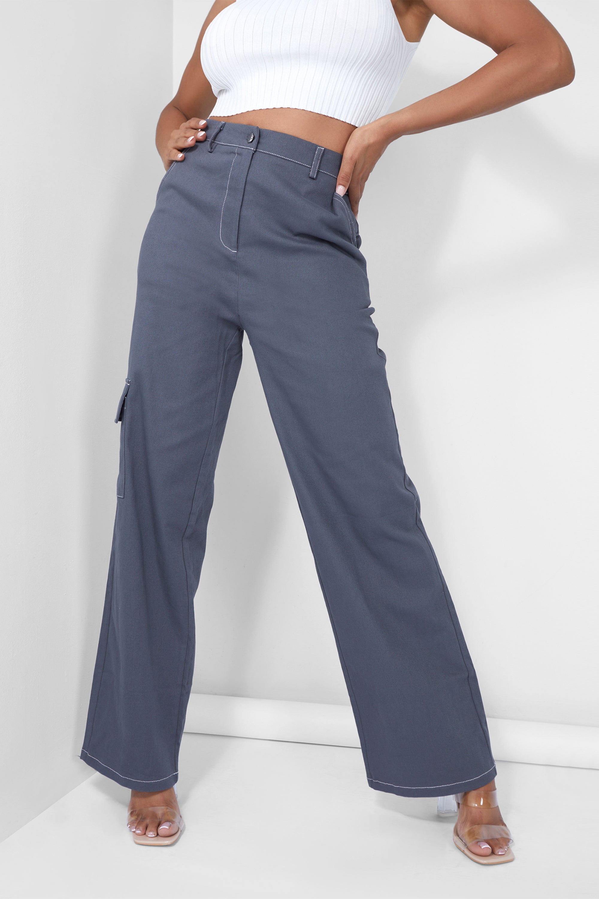 Denim Contrast Stitch Cargo Jeans Grey