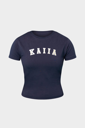 Kaiia Slogan Baby Tee Ink Blue & Lemon