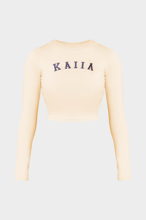 Kaiia Slogan Long Sleeve Baby Tee Cream & Navy