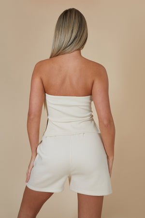 Kaiia Ribbed Bandeau Side Split Top In Stone