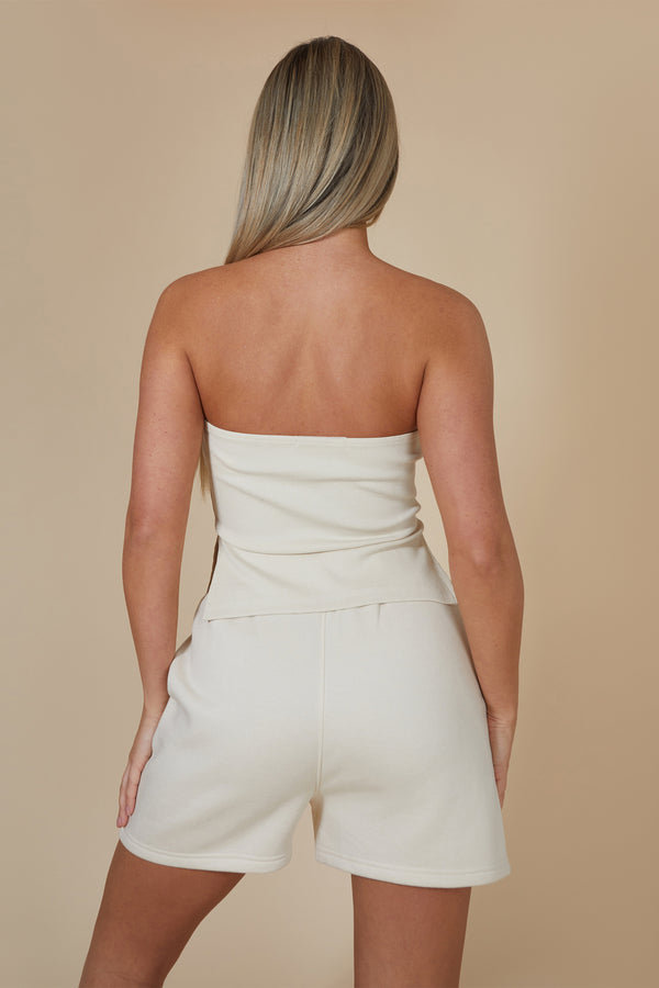Kaiia Ribbed Bandeau Side Split Top In Stone